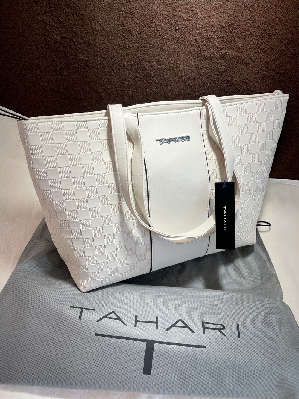 Tahari Cream Checkered Tote with Center Panel(P27)